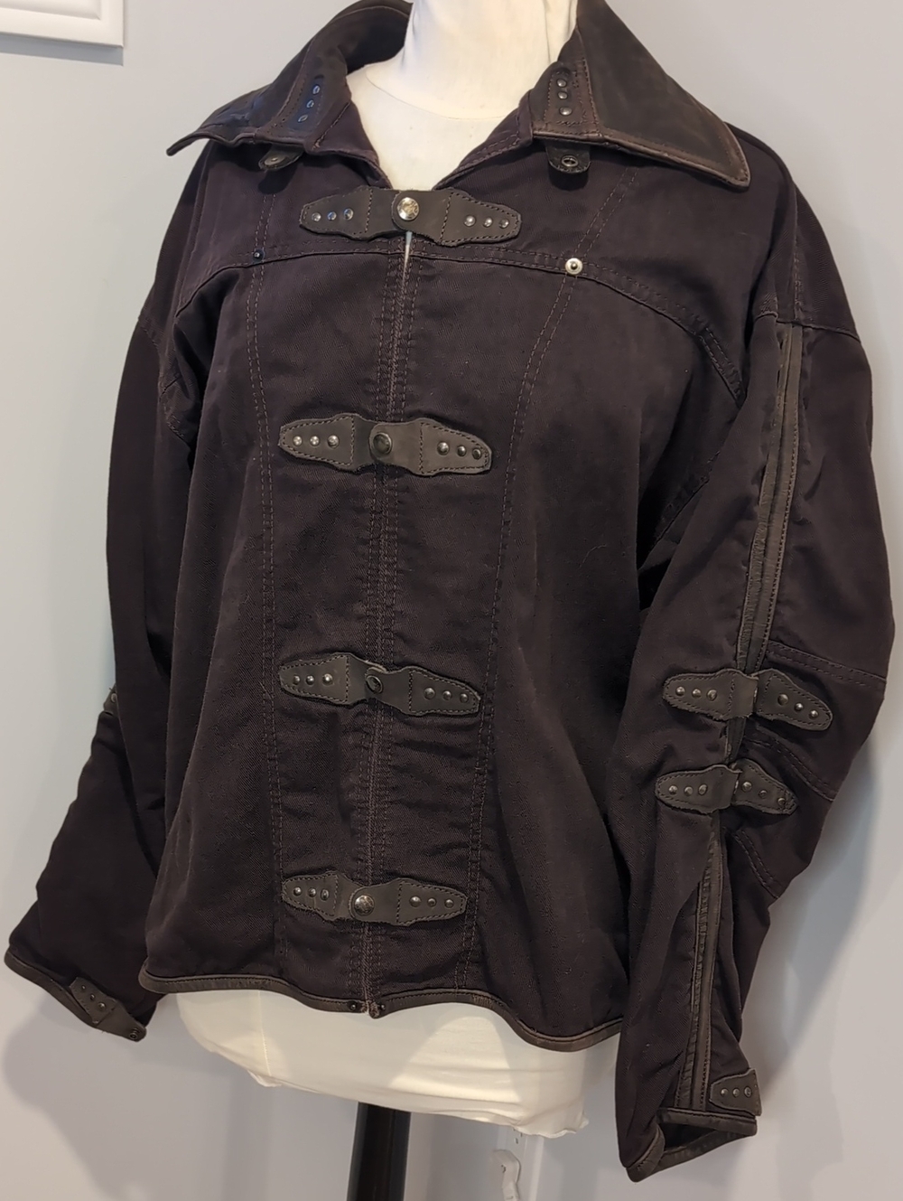 Anne Larochelle Brown  Utility Canvas Jacket Size XL Leather Collar